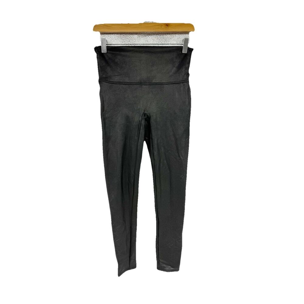 Spanx Shape Faux Leather Black Leggings Pull on Stretchy Size L Biker Festival
